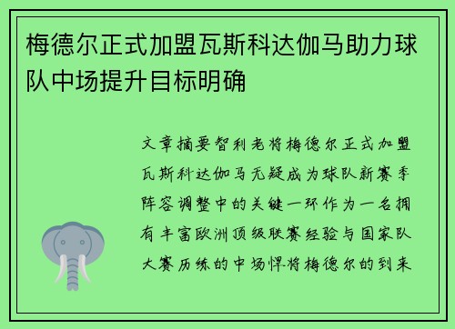梅德尔正式加盟瓦斯科达伽马助力球队中场提升目标明确